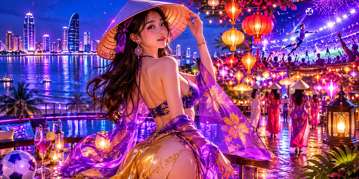 Cảnh Đà Nẵng với nón lá truyền thống và không gian betting sôi động